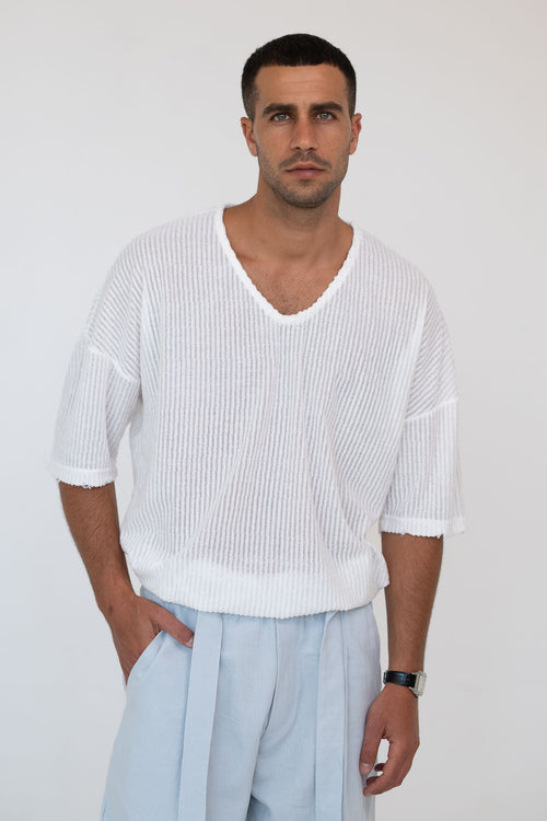 חולצת ריב וי – Rib V-Neck Tee (לבן)