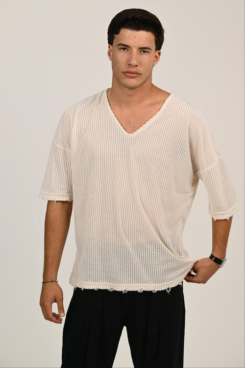 חולצת ריב וי – Rib V-Neck Tee (אבן)
